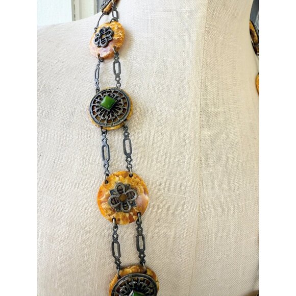 Antique 30's Celloid Circles Green Glass Silverplate women's Link Belt/Necklace - Picture 10 of 16